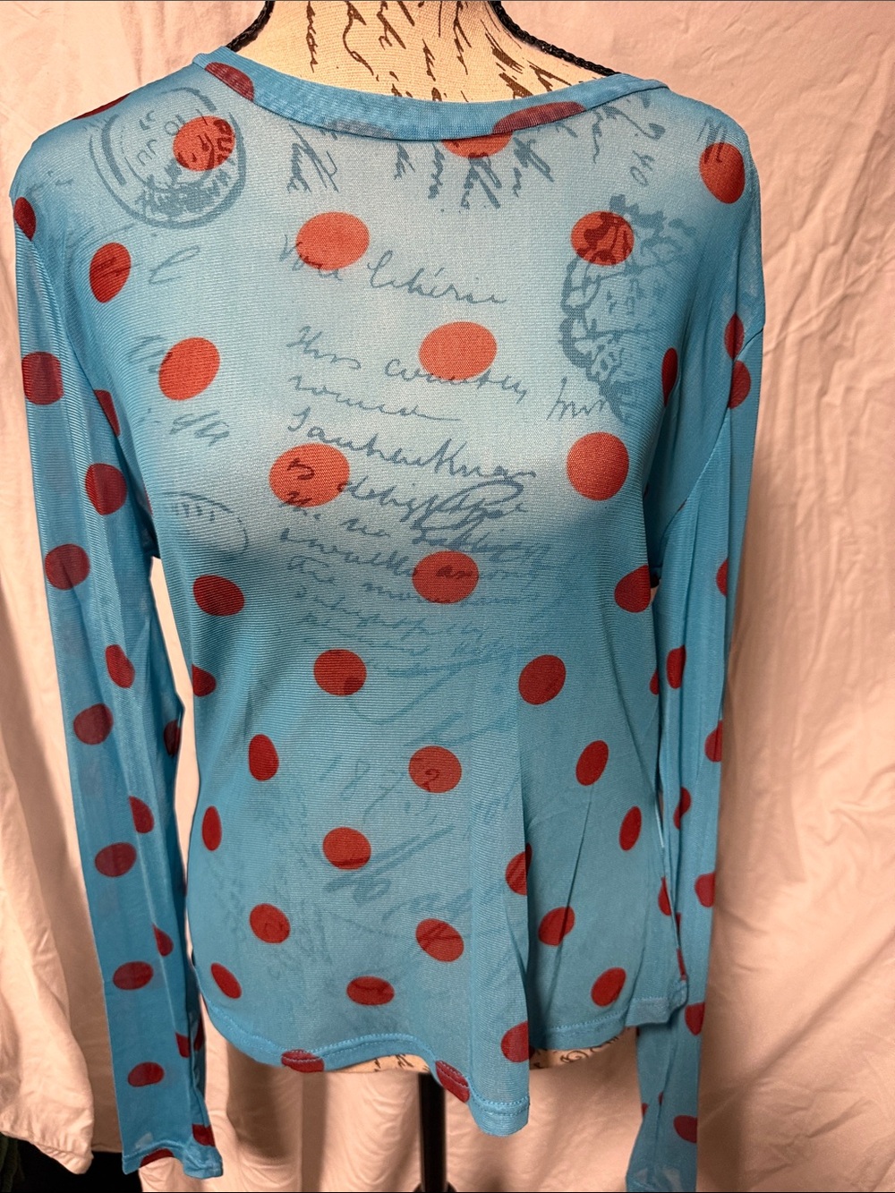 Blue and Red Polka Dot Sheer Mesh Long Sleeve Layering Top